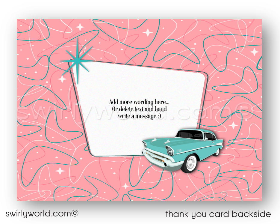Step back in time with our 1950s Rockabilly Birthday Invitation Set! Inspired by Grease and Pink Ladies style, this retro design is fully customizable and full of vintage charm.
