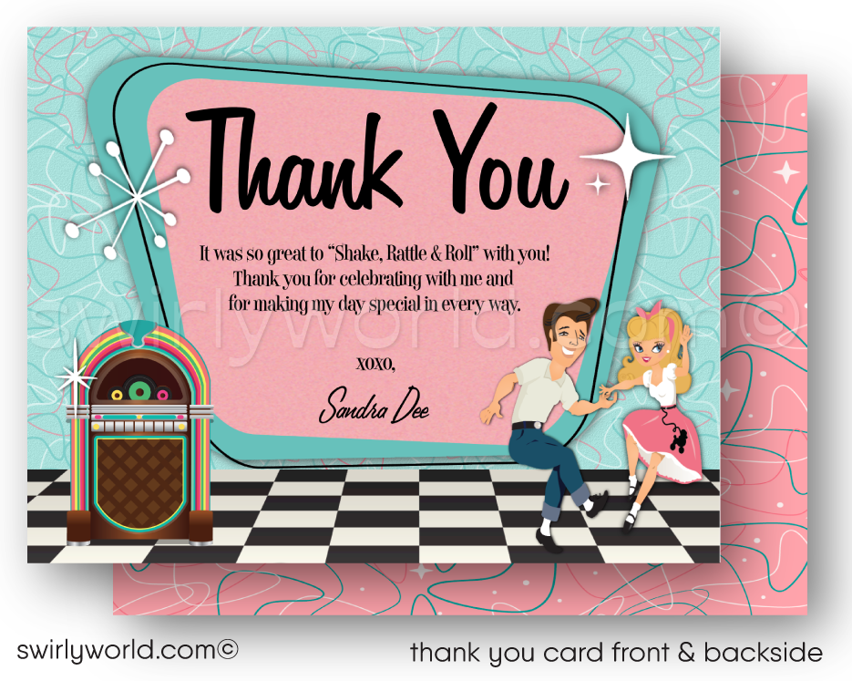 Dive into the 1950s with our "Grease" Pink Ladies inspired Rockabilly Birthday Party Invitation Set! 🌟 Featuring a retro couple, poodle skirt, leather jacket, and 1957 Chevy car. Customize hair, skin, and eye colors. Includes invitation, thank you card, and envelope designs. Perfect for a nostalgic 1950s-themed celebration! 