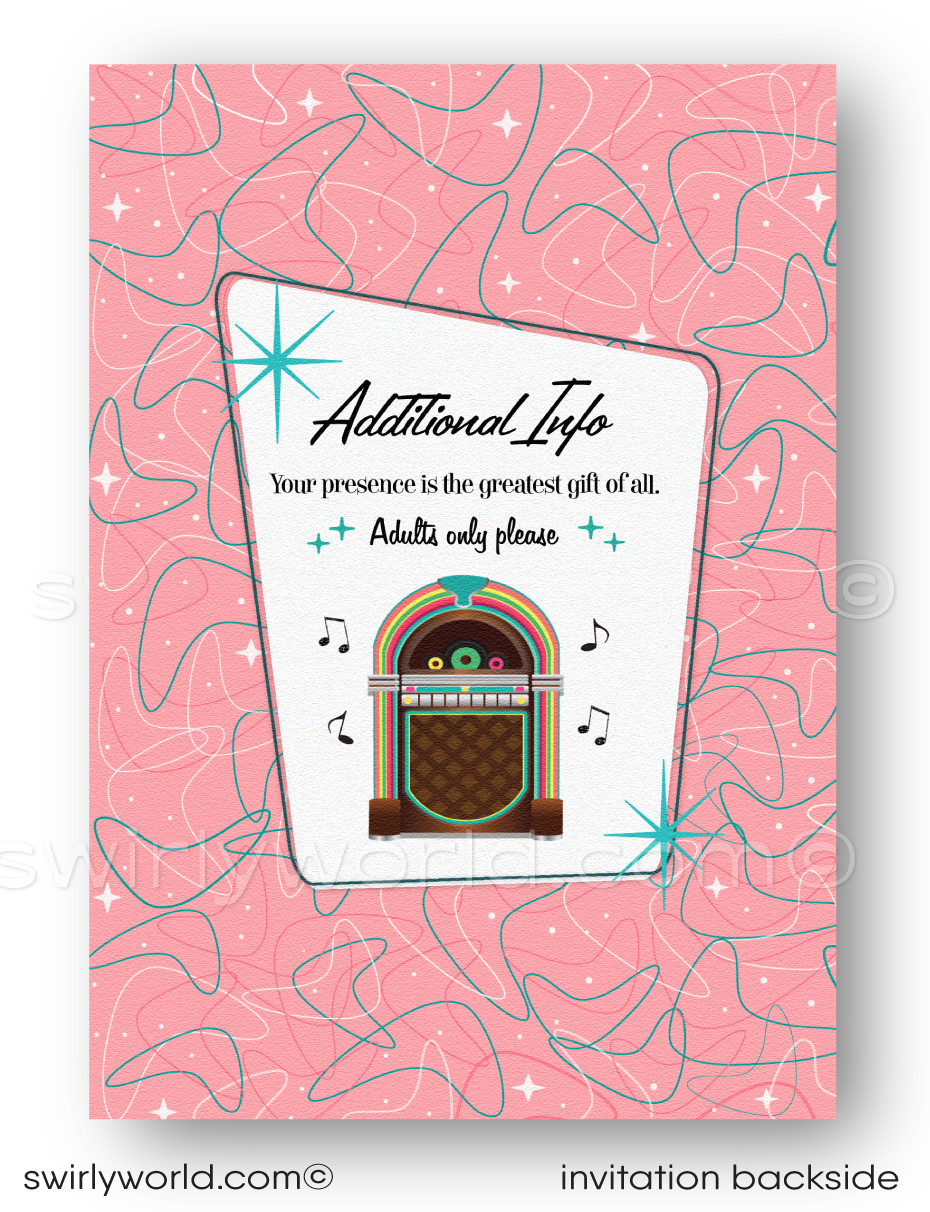 Dive into the 1950s with our "Grease" Pink Ladies inspired Rockabilly Birthday Party Invitation Set! 🌟 Featuring a retro couple, poodle skirt, leather jacket, and 1957 Chevy car. Customize hair, skin, and eye colors. Includes invitation, thank you card, and envelope designs. Perfect for a nostalgic 1950s-themed celebration! 