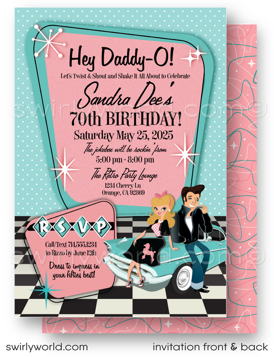Dive into the 1950s with our "Grease" Pink Ladies inspired Rockabilly Birthday Party Invitation Set! 🌟 Featuring a retro couple, poodle skirt, leather jacket, and 1957 Chevy car. Customize hair, skin, and eye colors. Includes invitation, thank you card, and envelope designs. Perfect for a nostalgic 1950s-themed celebration! 