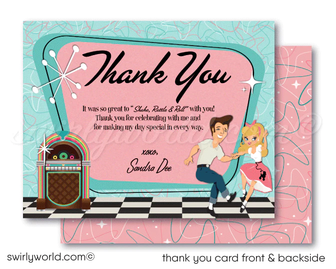 Retro Vintage 1950s Grease Pink Ladies Rockabilly Diner Sock Hop Birthday Party Invitations
