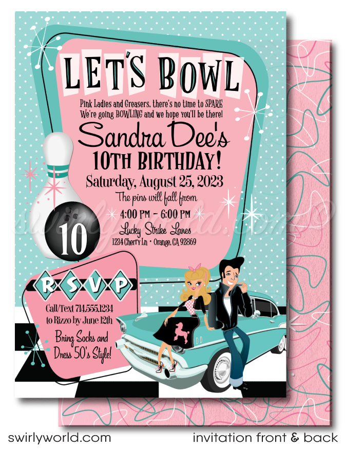 Retro vintage Pink Ladies Grease themed "Let's Bowl" pink and blue 1950s rockabilly bowling party poodle skirt birthday; fifties digital invitation and thank you card download bundle.
