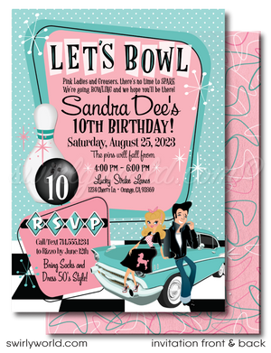Retro vintage Pink Ladies Grease themed "Let's Bowl" pink and blue 1950s rockabilly bowling party poodle skirt birthday; fifties digital invitation and thank you card download bundle.