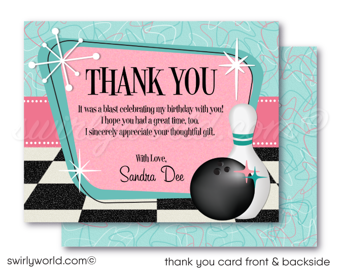 Retro vintage Pink Ladies Grease themed "Let's Bowl" pink and blue 1950s rockabilly bowling party poodle skirt birthday; fifties digital invitation and thank you card download bundle.