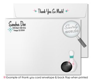 Retro vintage Pink Ladies Grease themed "Let's Bowl" pink and blue 1950s rockabilly bowling party poodle skirt birthday; fifties digital invitation and thank you card download bundle.