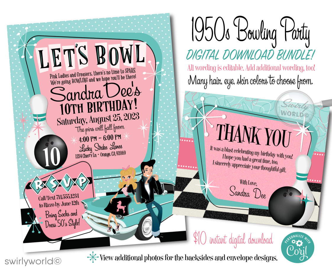 At the heart of the design are a stylishly retro-dressed couple, epitomizing the vintage cool of the 1950s. The girl exudes adorable charm with her hair styled in a classic 1950s fashion, complete with a poodle skirt and saddle shoes. Meanwhile, the guy sports a black leather jacket paired with cuffed 50s-style blue jeans and a slicked-back pompadour. Together, they lean against an iconic 1957 aqua blue Chevy car, surrounded by atomic starbursts and boomerang shapes.