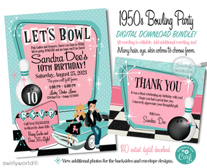 At the heart of the design are a stylishly retro-dressed couple, epitomizing the vintage cool of the 1950s. The girl exudes adorable charm with her hair styled in a classic 1950s fashion, complete with a poodle skirt and saddle shoes. Meanwhile, the guy sports a black leather jacket paired with cuffed 50s-style blue jeans and a slicked-back pompadour. Together, they lean against an iconic 1957 aqua blue Chevy car, surrounded by atomic starbursts and boomerang shapes.