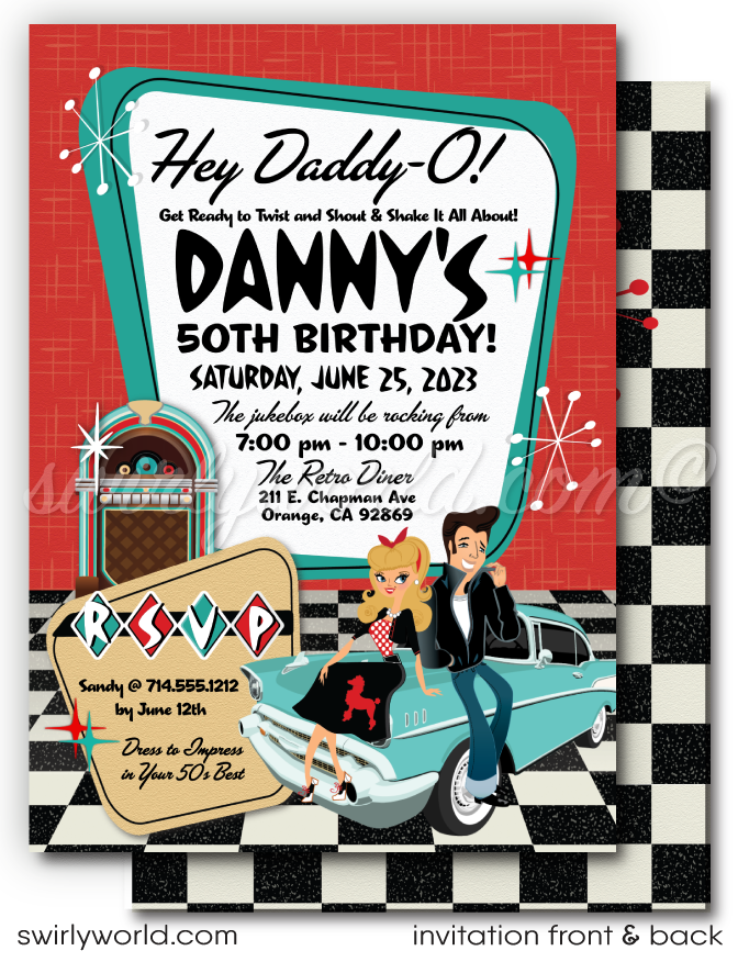 Step back to the 1950s with Swirly World's Retro Rockabilly Birthday Party Invitation Set! 🎉✨ Featuring a stylish couple, poodle skirt, leather jacket, and 1957 Chevy car. Customize hair, skin, and eye colors. Includes printed invitations, thank you cards, and envelopes. Perfect for a nostalgic celebration!
