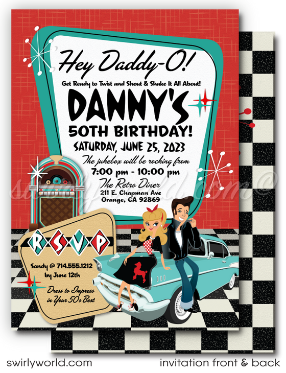 Hey Daddy-O! Bring a retro rockabilly look to your next birthday celebration with this 1950s diner vintage car digital invitation and thank you card bundle. Featuring a classic red and aqua blue design with fifties style starbursts and boomerangs, this bundle is the perfect way to add a touch of nostalgia to your special day.