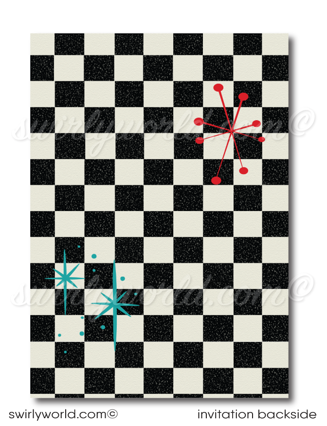 Step back to the 1950s with Swirly World's Retro Rockabilly Birthday Party Invitation Set! 🎉✨ Featuring a stylish couple, poodle skirt, leather jacket, and 1957 Chevy car. Customize hair, skin, and eye colors. Includes printed invitations, thank you cards, and envelopes. Perfect for a nostalgic celebration!