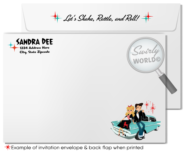 Hey Daddy-O! Bring a retro rockabilly look to your next birthday celebration with this 1950s diner vintage car digital invitation and thank you card bundle. Featuring a classic red and aqua blue design with fifties style starbursts and boomerangs, this bundle is the perfect way to add a touch of nostalgia to your special day.