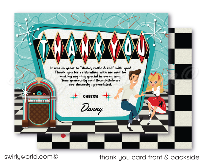 Step back to the 1950s with Swirly World's Retro Rockabilly Birthday Party Invitation Set! 🎉✨ Featuring a stylish couple, poodle skirt, leather jacket, and 1957 Chevy car. Customize hair, skin, and eye colors. Includes printed invitations, thank you cards, and envelopes. Perfect for a nostalgic celebration!