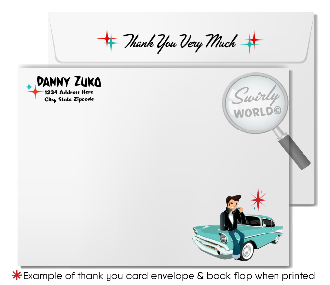 Step back to the 1950s with Swirly World's Retro Rockabilly Birthday Party Invitation Set! 🎉✨ Featuring a stylish couple, poodle skirt, leather jacket, and 1957 Chevy car. Customize hair, skin, and eye colors. Includes printed invitations, thank you cards, and envelopes. Perfect for a nostalgic celebration!