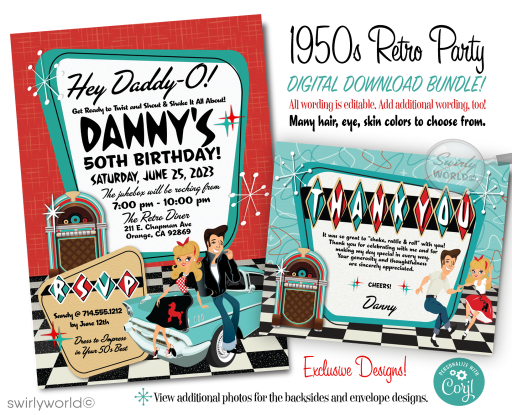 Step back to the 1950s with Swirly World's Retro Rockabilly Birthday Party Invitation Set! 🎉✨ Featuring a stylish couple, poodle skirt, leather jacket, and 1957 Chevy car. Customize hair, skin, and eye colors. Includes digital invitations, thank you cards, and envelopes. Perfect for a nostalgic celebration!