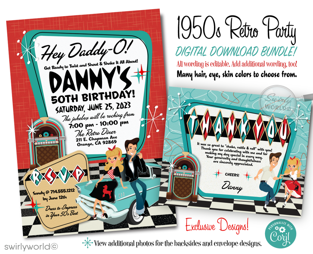Step back in time to the vibrant 1950s with our stunning Retro Rockabilly Birthday Party digital invitation set, featuring a striking red and aqua blue color scheme with black and white checkered pattern.
