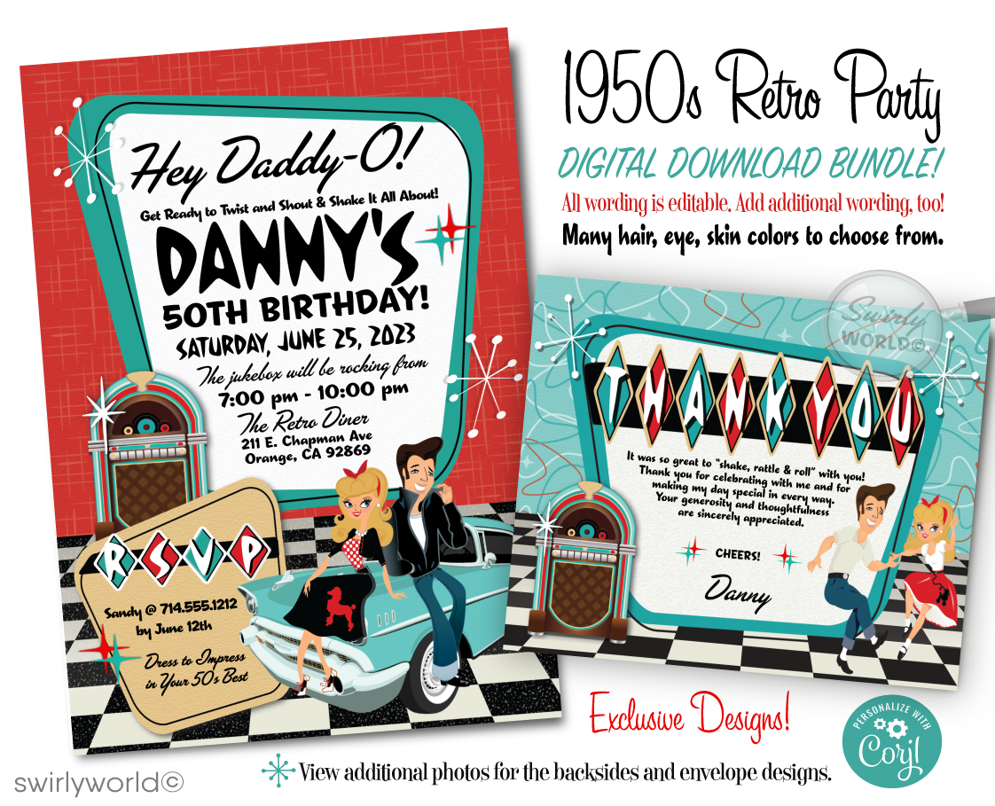 Step back to the 1950s with our Retro Rockabilly Bowling Birthday Party Invitation Set! 🎳✨ Featuring a stylish couple, poodle skirt, leather jacket, and 1957 Chevy car. Customize hair, skin, and eye colors. Includes printed invitations, thank you cards, and envelopes. Perfect for a nostalgic celebration!