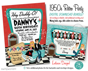 Step back to the 1950s with our Retro Rockabilly Bowling Birthday Party Invitation Set! 🎳✨ Featuring a stylish couple, poodle skirt, leather jacket, and 1957 Chevy car. Customize hair, skin, and eye colors. Includes printed invitations, thank you cards, and envelopes. Perfect for a nostalgic celebration!