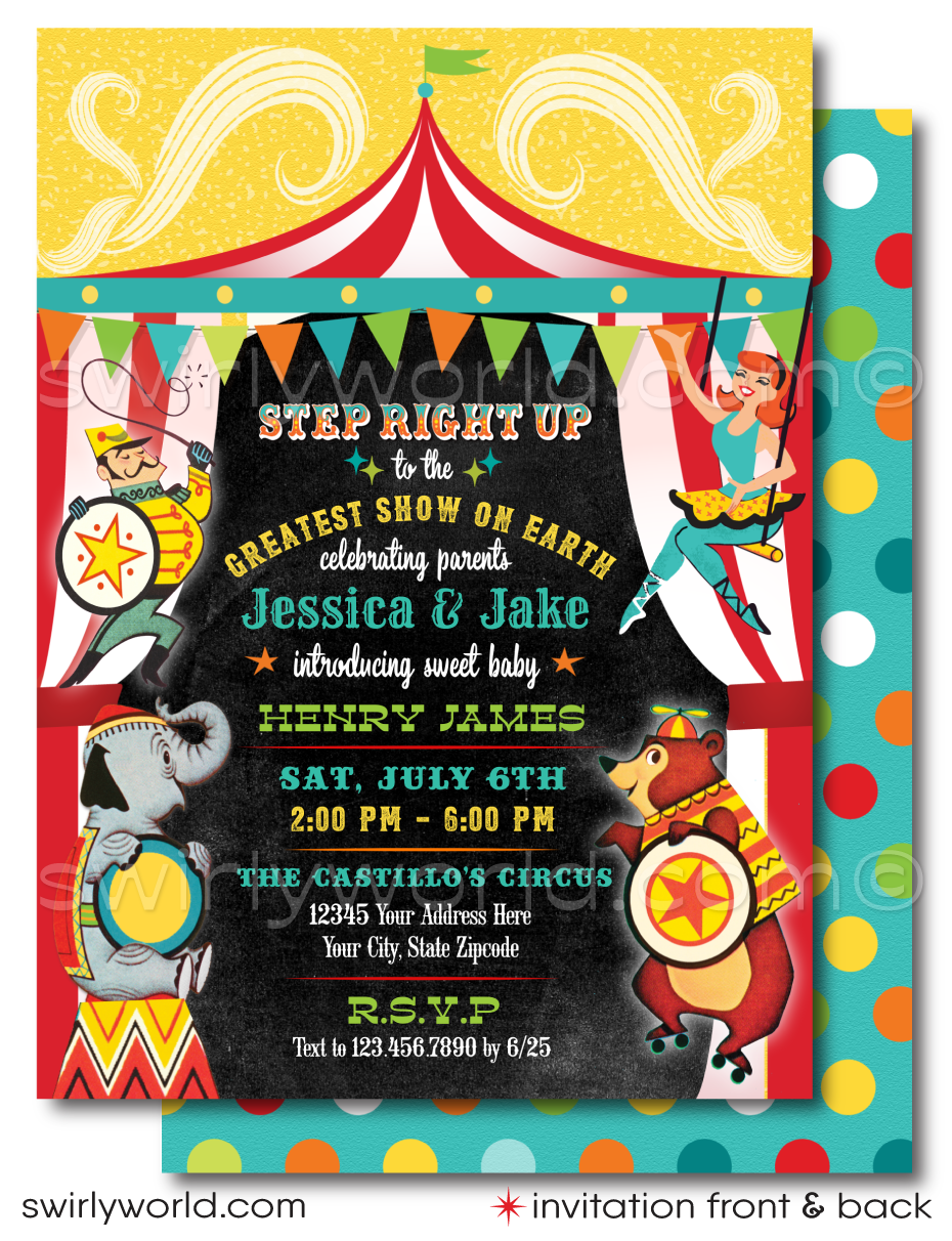 Step right up to a spectacular baby shower with Swirly World's mid-century 1950's Retro Circus Carnival Invitation Set. Featuring a performing elephant, trapeze artists, and more in a classic circus design. Edit and download these enchanting invitations for a nostalgic celebration that brings the big top to your door.