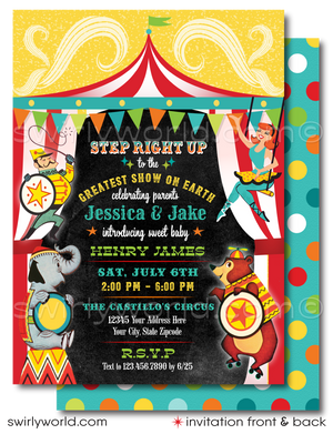 Step right up to a spectacular baby shower with Swirly World's mid-century 1950's Retro Circus Carnival Invitation Set. Featuring a performing elephant, trapeze artists, and more in a classic circus design. Edit and download these enchanting invitations for a nostalgic celebration that brings the big top to your door.