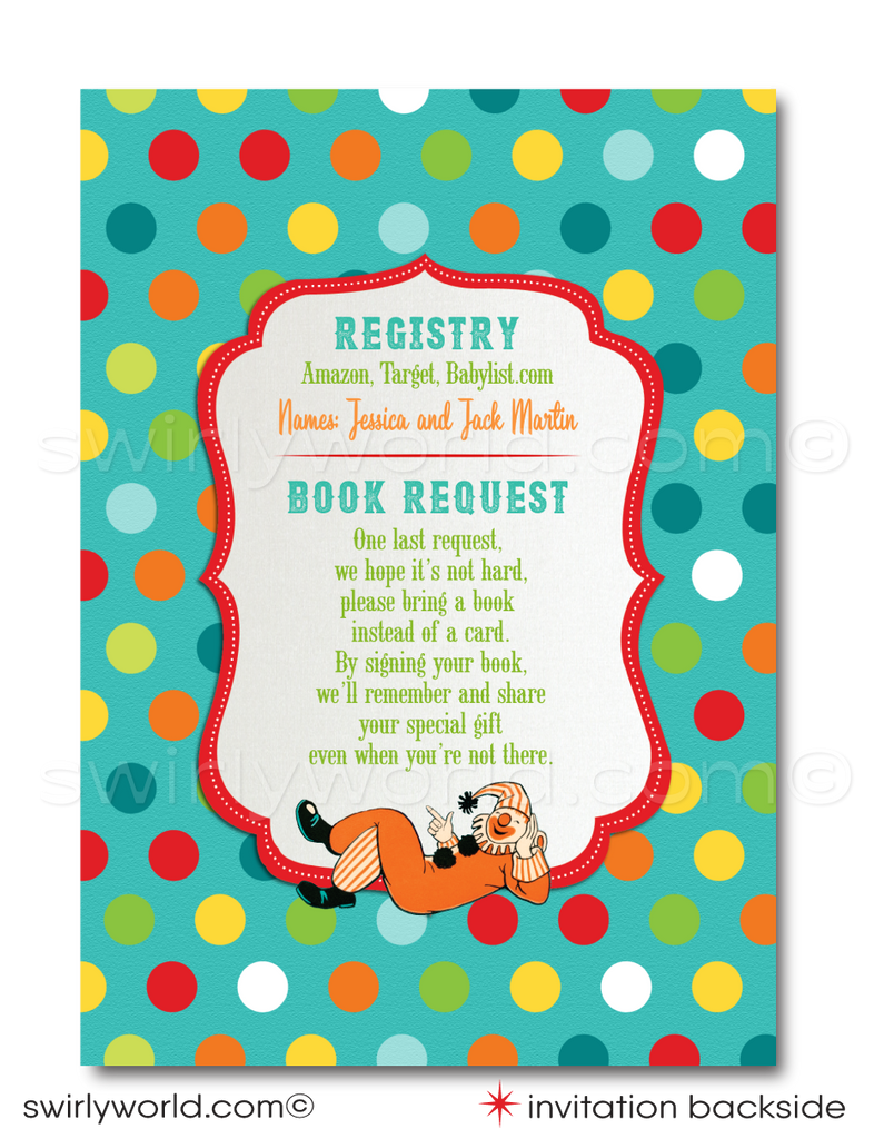 Step right up to a spectacular baby shower with Swirly World's mid-century 1950's Retro Circus Carnival Invitation and Book Request Card Set. Featuring a performing elephant, trapeze artists, and more in a classic circus design. Edit and download these enchanting invitations for a nostalgic celebration that brings the big top to your door.