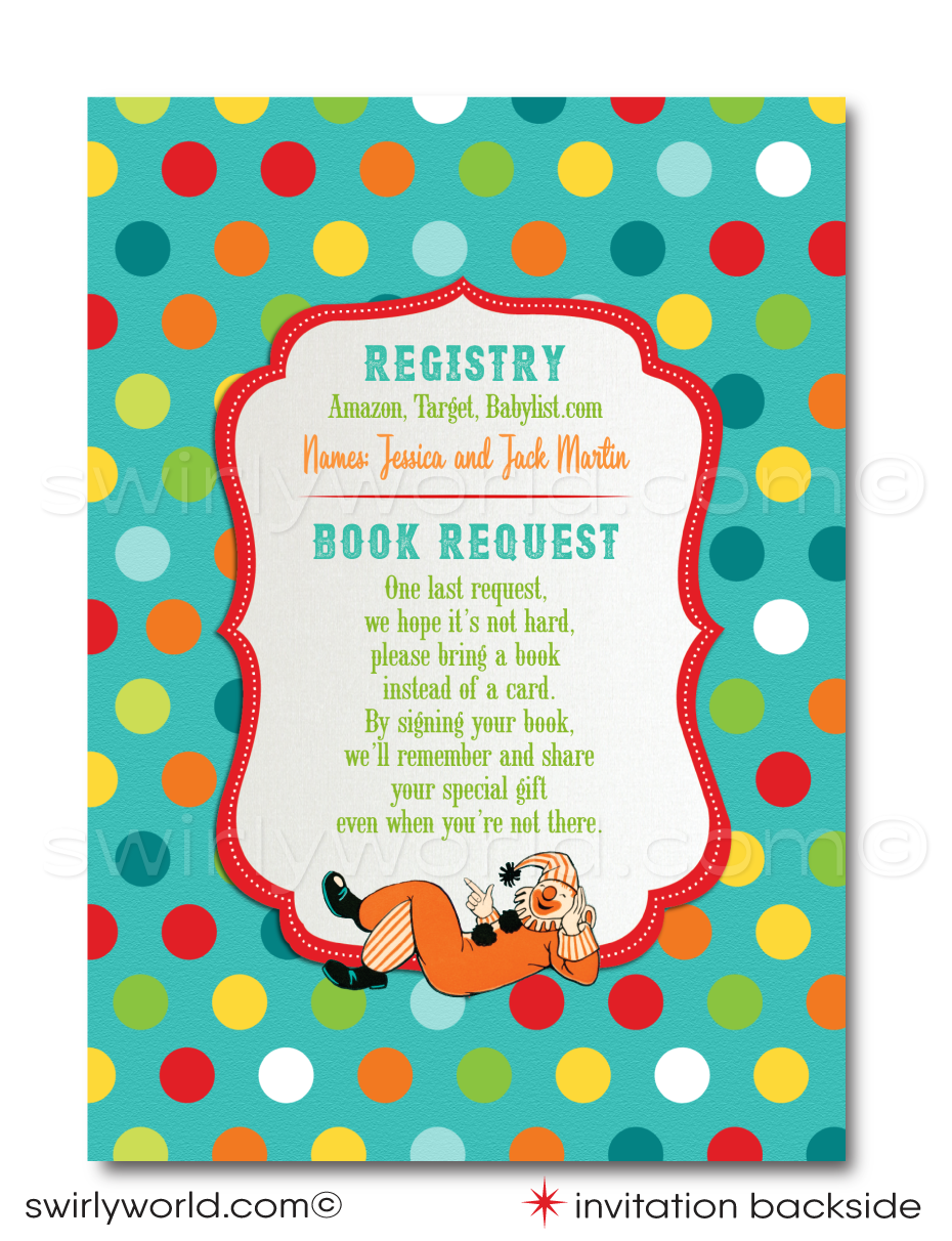 Step right up to a spectacular baby shower with Swirly World's mid-century 1950's Retro Circus Carnival Invitation Set. Featuring a performing elephant, trapeze artists, and more in a classic circus design. Edit and download these enchanting invitations for a nostalgic celebration that brings the big top to your door.