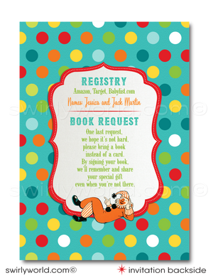 Step right up to a spectacular baby shower with Swirly World's exclusive 1950's Retro Circus Carnival Invitation and Book Request Card Set. Featuring a performing elephant, trapeze artists, and more in a classic circus design. Edit and download these enchanting invitations for a nostalgic celebration that brings the big top to your door.
