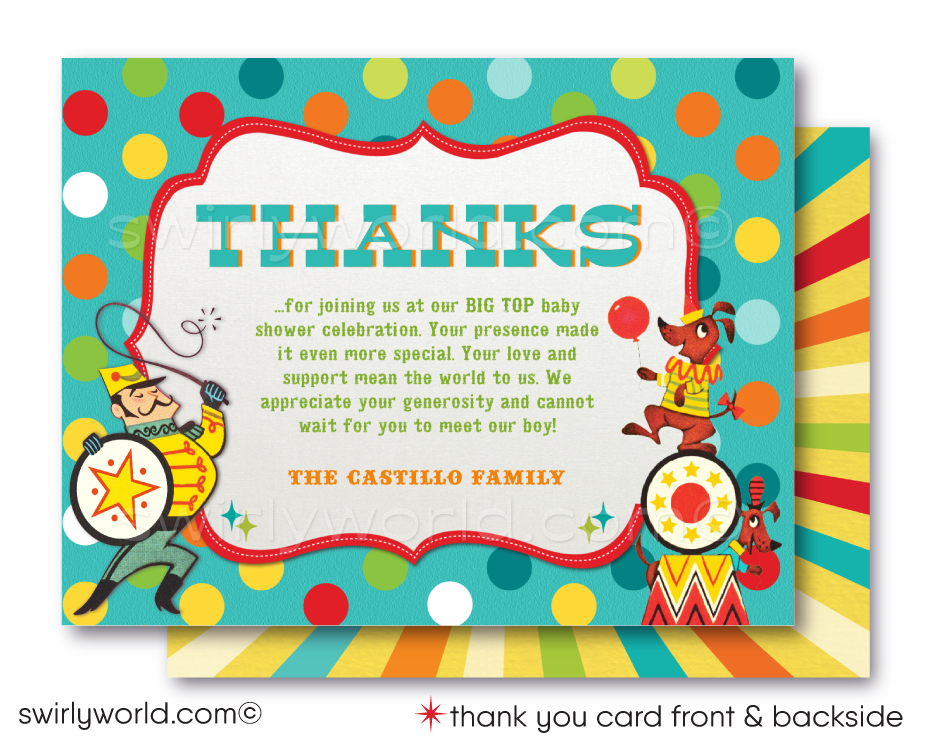 Step right up to a spectacular baby shower with Swirly World's exclusive 1950's Retro Circus Carnival Invitation Set. Featuring a performing elephant, trapeze artists, and more in a classic circus design. Edit and download these enchanting invitations for a nostalgic celebration that brings the big top to your door.