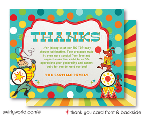 Step right up to a spectacular baby shower with Swirly World's exclusive 1950's Retro Circus Carnival Invitation Set. Featuring a performing elephant, trapeze artists, and more in a classic circus design. Edit and download these enchanting invitations for a nostalgic celebration that brings the big top to your door.