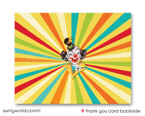 Step right up to a spectacular baby shower with Swirly World's mid-century 1950's Retro Circus Carnival Invitation Set. Featuring a performing elephant, trapeze artists, and more in a classic circus design. Edit and download these enchanting invitations for a nostalgic celebration that brings the big top to your door.