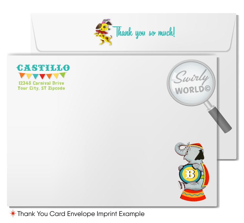 Step right up to a spectacular baby shower with Swirly World's mid-century 1950's Retro Circus Carnival Invitation Set. Featuring a performing elephant, trapeze artists, and more in a classic circus design. Edit and download these enchanting invitations for a nostalgic celebration that brings the big top to your door.