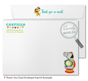 Step right up to a spectacular baby shower with Swirly World's mid-century 1950's Retro Circus Carnival Invitation Set. Featuring a performing elephant, trapeze artists, and more in a classic circus design. Edit and download these enchanting invitations for a nostalgic celebration that brings the big top to your door.