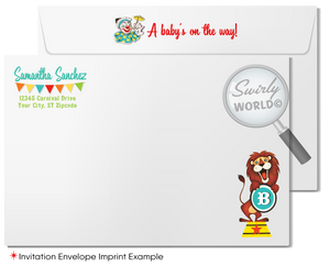 Step right up to a spectacular baby shower with Swirly World's exclusive 1950's Retro Circus Carnival Invitation Set. Featuring a performing elephant, trapeze artists, and more in a classic circus design. Edit and download these enchanting invitations for a nostalgic celebration that brings the big top to your door.