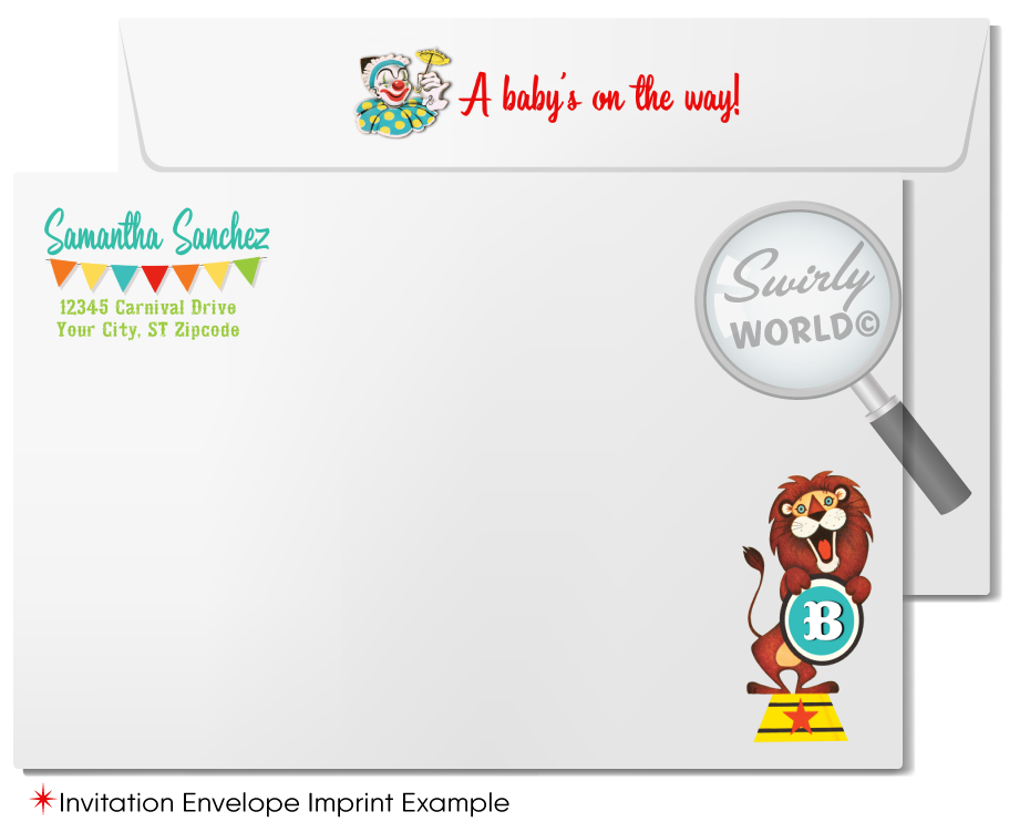 Step right up to a spectacular baby shower with Swirly World's mid-century 1950's Retro Circus Carnival Invitation Set. Featuring a performing elephant, trapeze artists, and more in a classic circus design. Edit and download these enchanting invitations for a nostalgic celebration that brings the big top to your door.