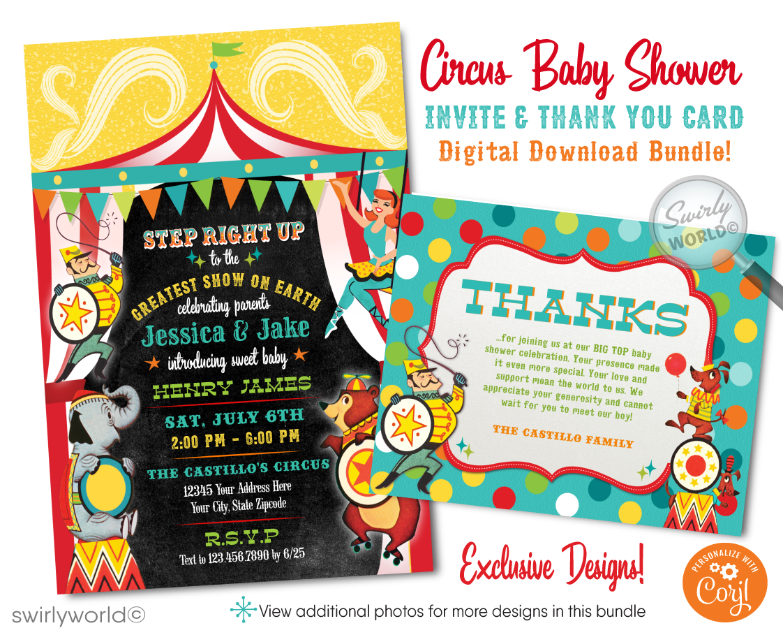 Step right up to a spectacular baby shower with Swirly World's mid-century 1950's Retro Circus Carnival Invitation Set. Featuring a performing elephant, trapeze artists, and more in a classic circus design. Edit and download these enchanting invitations for a nostalgic celebration that brings the big top to your door.