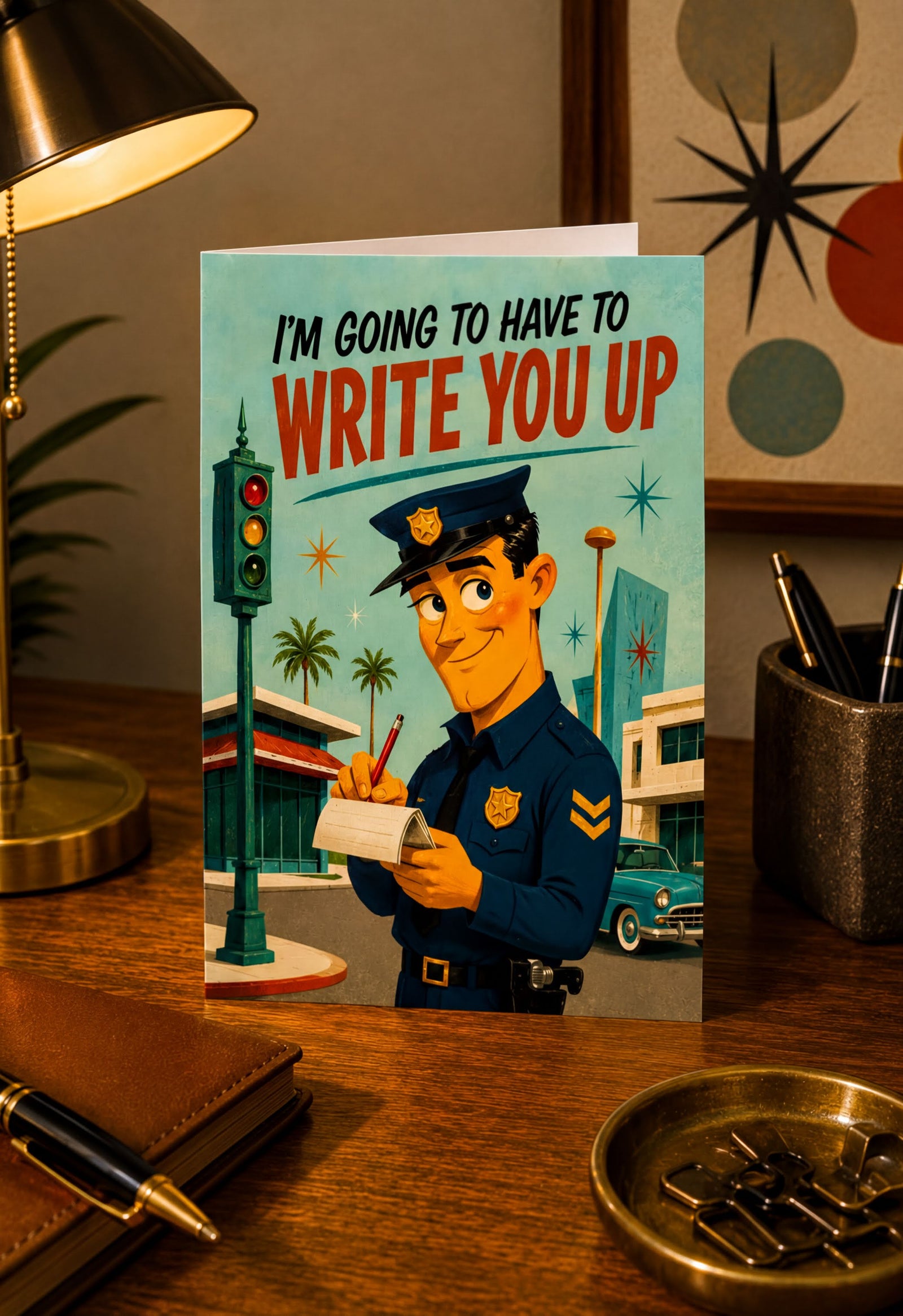 A folded greeting card shown front-facing on a white background. The card features a retro-style illustration of a police officer writing in a notebook, with the text 'I'M GOING TO HAVE TO WRITE YOU UP' in black and red lettering.