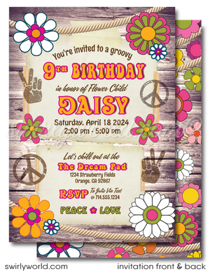 Groove back in time to the far-out 1970s with our Hippie Love Flower Child Retro Throwback Birthday Party Digital Invitation Design Set. This collection is your ticket to a celebration that's all about peace signs, flower power, and spreading love and good vibrations. It's a rad flashback to the Age of Aquarius, where peace, love, and rock 'n' roll take center stage, and every detail of our design pays homage to this iconic era.