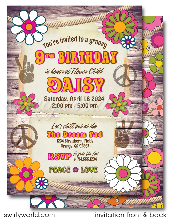 Groove back in time to the far-out 1970s with our Hippie Love Flower Child Retro Throwback Birthday Party Digital Invitation Design Set. This collection is your ticket to a celebration that's all about peace signs, flower power, and spreading love and good vibrations. It's a rad flashback to the Age of Aquarius, where peace, love, and rock 'n' roll take center stage, and every detail of our design pays homage to this iconic era.
