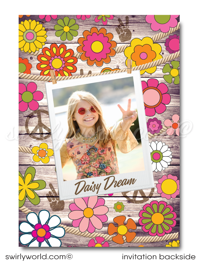 Groove back in time to the far-out 1970s with our Hippie Love Flower Child Retro Throwback Birthday Party Digital Invitation Design Set. This collection is your ticket to a celebration that's all about peace signs, flower power, and spreading love and good vibrations. It's a rad flashback to the Age of Aquarius, where peace, love, and rock 'n' roll take center stage, and every detail of our design pays homage to this iconic era.
