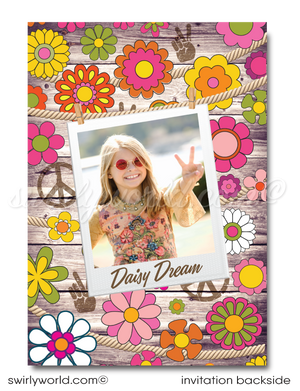 Hippie Chick Retro Flower Child 60s Peace Love 1970s Birthday Party Digital Invitations