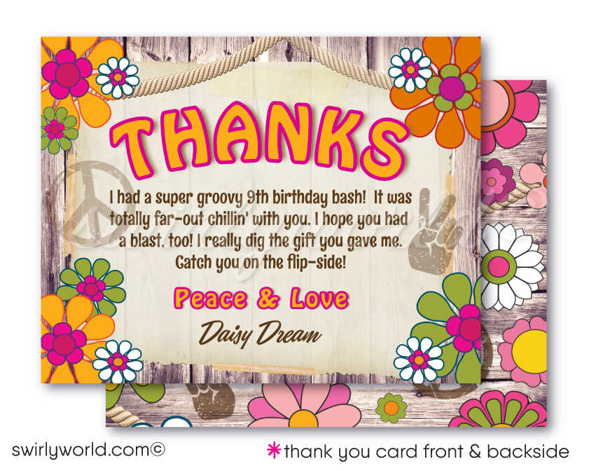 Hippie Chick Retro Flower Child 60s Peace Love 1970s Birthday Party Digital Invitations