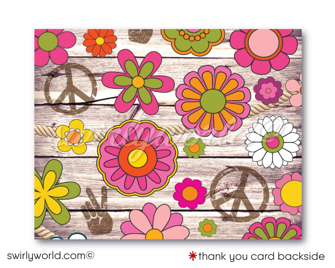 Hippie Chick Retro Flower Child 60s Peace Love 1970s Birthday Party Digital Invitations