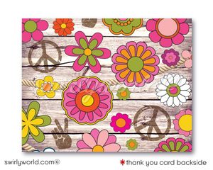 Hippie Chick Retro Flower Child 60s Peace Love 1970s Birthday Party Digital Invitations