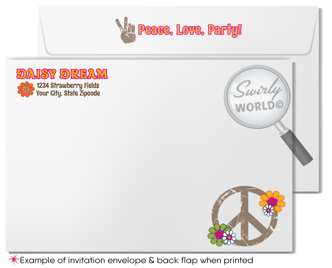 Hippie Chick Retro Flower Child 60s Peace Love 1970s Birthday Party Digital Invitations