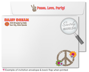 Hippie Chick Retro Flower Child 60s Peace Love 1970s Birthday Party Digital Invitations