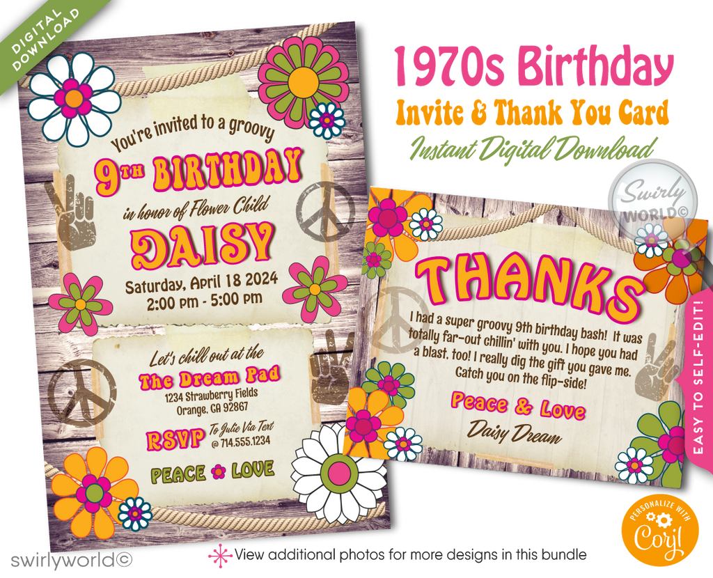 Groove back in time to the far-out 1970s with our Hippie Love Flower Child Retro Throwback Birthday Party Digital Invitation Design Set. This collection is your ticket to a celebration that's all about peace signs, flower power, and spreading love and good vibrations. It's a rad flashback to the Age of Aquarius, where peace, love, and rock 'n' roll take center stage, and every detail of our design pays homage to this iconic era.