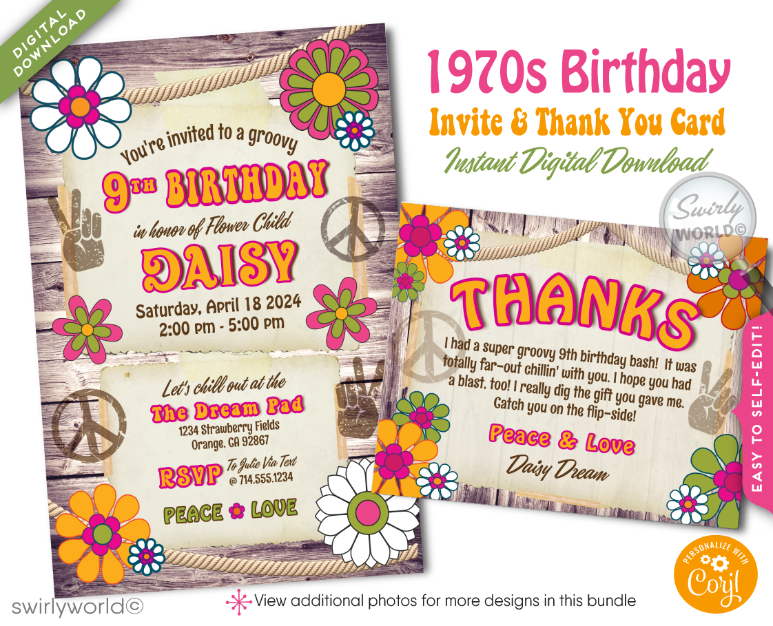 Groove back in time to the far-out 1970s with our Hippie Love Flower Child Retro Throwback Birthday Party Digital Invitation Design Set. This collection is your ticket to a celebration that's all about peace signs, flower power, and spreading love and good vibrations. It's a rad flashback to the Age of Aquarius, where peace, love, and rock 'n' roll take center stage, and every detail of our design pays homage to this iconic era.