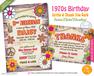 Groove back in time to the far-out 1970s with our Hippie Love Flower Child Retro Throwback Birthday Party Digital Invitation Design Set. This collection is your ticket to a celebration that's all about peace signs, flower power, and spreading love and good vibrations. It's a rad flashback to the Age of Aquarius, where peace, love, and rock 'n' roll take center stage, and every detail of our design pays homage to this iconic era.