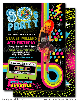 Step into 1980s neon-lit nostalgia with our Gen X Eighties Dance Party Invitation Set! 🎉🕺 Featuring neon colors, cool '80s fonts, Rubik's Cubes, and cassette tapes. Includes digital invitations, thank you cards, and envelopes. Personalize with your own photo. Perfect for milestone birthdays and themed events