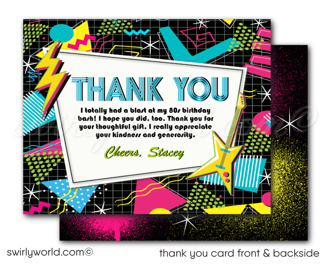 Step into 1980s neon-lit nostalgia with our Gen X Eighties Dance Party Invitation Set! 🎉🕺 Featuring neon colors, cool '80s fonts, Rubik's Cubes, and cassette tapes. Includes digital invitations, thank you cards, and envelopes. Personalize with your own photo. Perfect for milestone birthdays and themed events