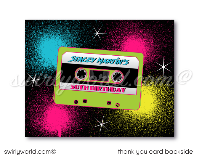 Retro "totally rad" 80s Eighties Gen X 50th birthday party design; 1980s flashback digital invitation, thank you card, and envelope design.